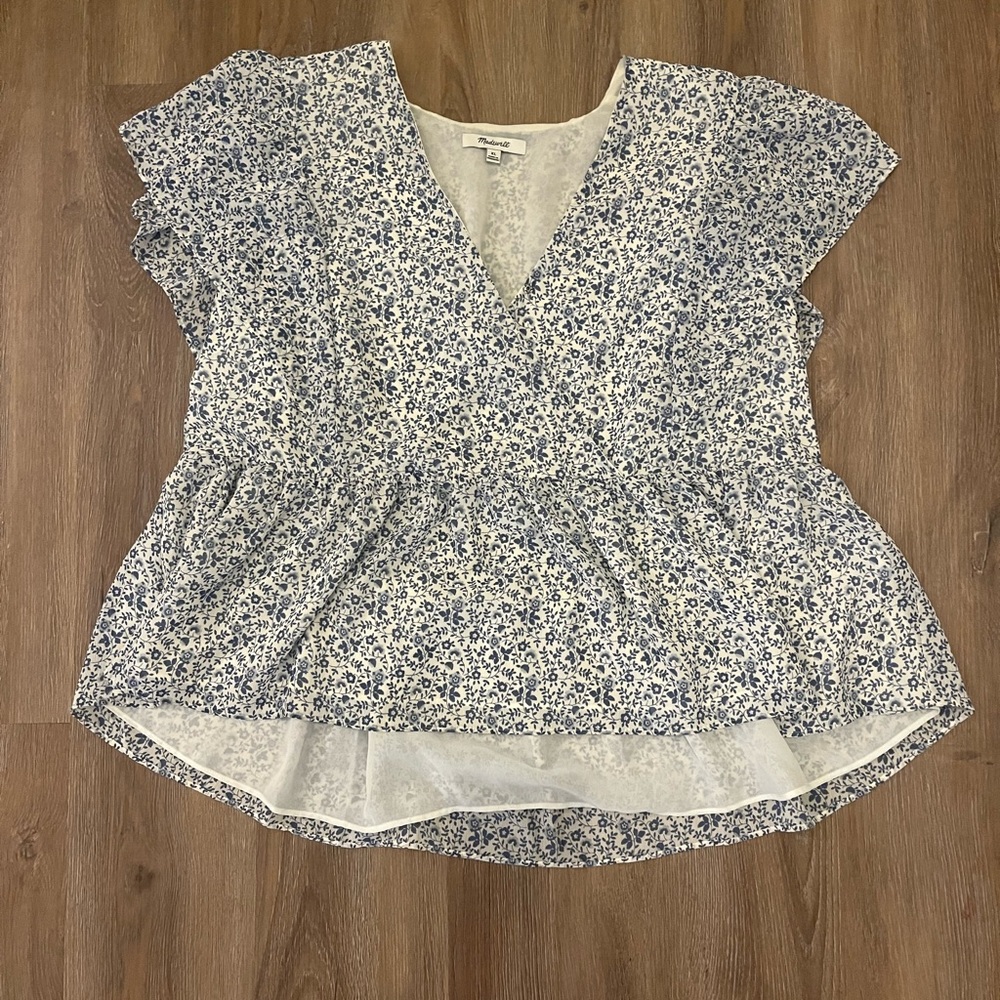 Madewell White and Blue Floral V-Neck Peplum Top